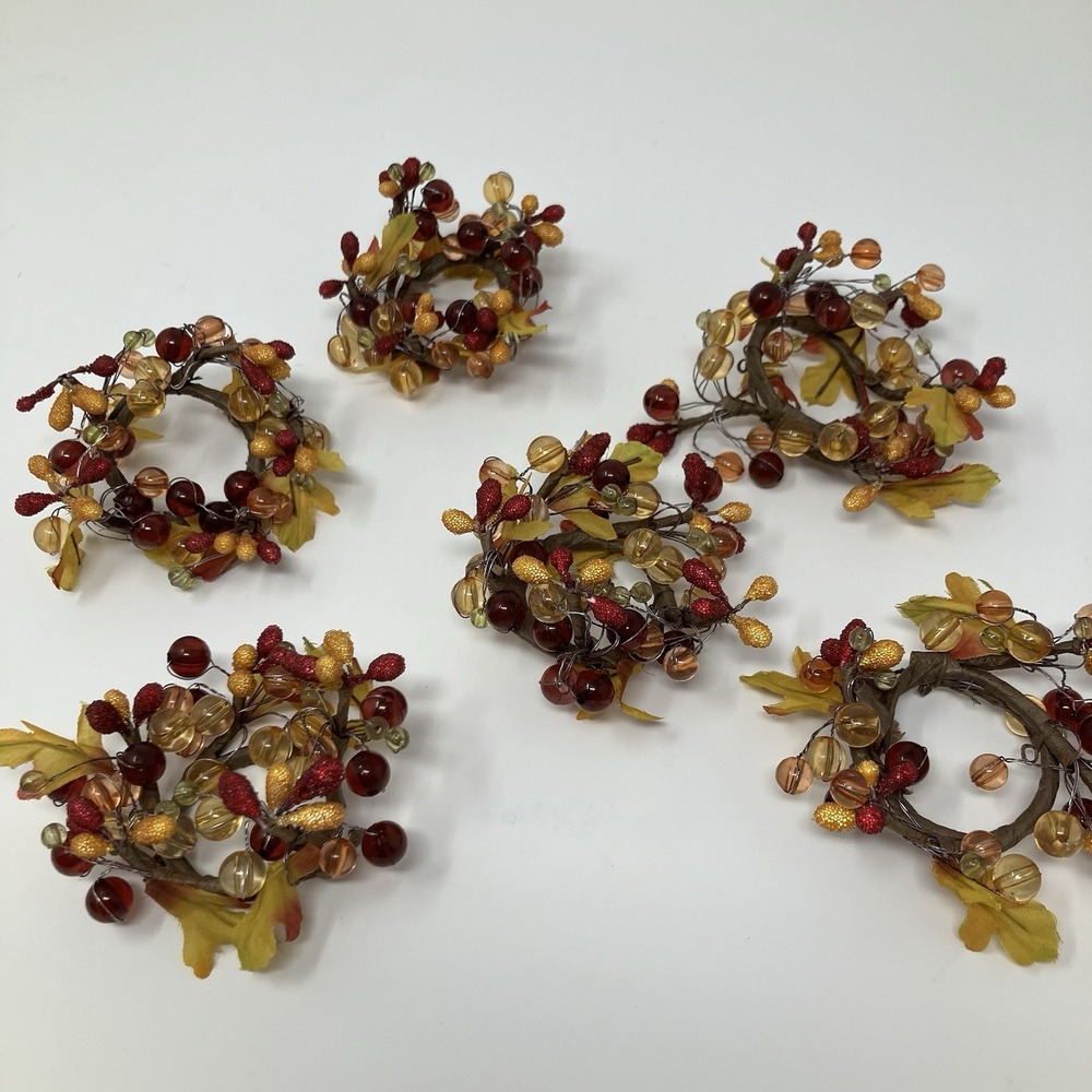 Vintage Autumn Harvest Candle Rings Napkin Rings Beaded Berry Leaves Set of 6